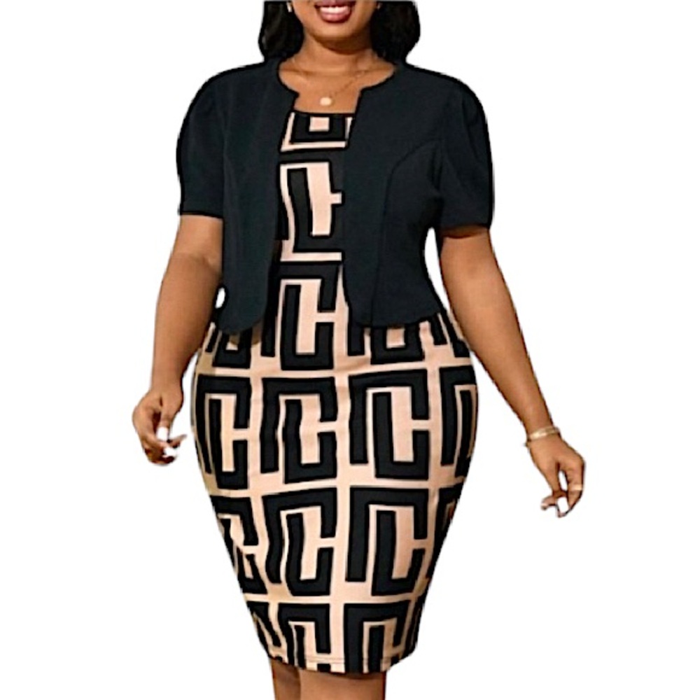 NWT 2pc Geometric Patterned Black and Tan Dress with Puff Sleeve Jacket Size 18